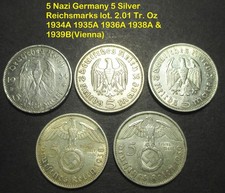 5 Germany 3rd Reich 5 Mark 90% Silver Coin Lot 1934A 1935A 1936A 1938A 1939B picture