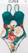 CUPSHE Womens Floral Green One Piece Swimsuit Cutout Ring Adj Straps M picture