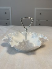 Vintage Fenton White Hobnail Milk Glass Ruffled Edge Candy Dish Silver Handle picture