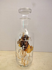 Vintage Style Clear Glass Floral Decanter Amber Gold Hand Painted Bottle Stopper picture
