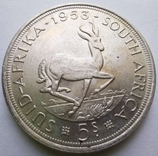 1953 South Africa 5 Shillings Silver Crown Springbok UNC Details picture