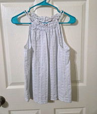 LOFT Women's White/Purple Dotted High Neck Smocked Sleeveless Blouse M picture