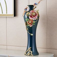 Large Luxury Enamel Blue Ceramic Vase with Flowers (13x10x30.7