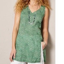 Pure Jill Elements Green Damask Floral 100% Linen V-Neck Tunic Top Small picture