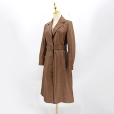 Women Sheepskin Leather Trench Coat Vintage Long Brown Belted Jacket - ALL SIZES picture