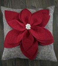 Arcadia Home Wool Pillow Poinsetta Red Felt Flower Christmas Holiday Decor 20” picture