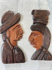  Vintage Honduras Hand Carved Wood Wall Plaques Pair Man Woman Profile Folk Art picture