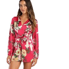 Lulus Lovable Blossom Hot Pink Floral Print Satin Surplice Romper picture