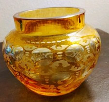 Antique Bohemian Amber Glass Jar Etched  4-3/4 by 3.5 Intricate picture