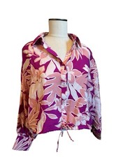 NEW DREW Pink Floral Oversized Crop Button Down Colorful Beach Small picture