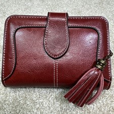 Women Wallet Genuine Leather Trifold Ladies Wallet Red Tassel Medium Card Holder picture