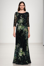 Badgley Mischka Long Sleeves Black Green Floral IT Blouson Gown Sz S Runway $990 picture