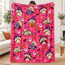 Spooky Dog Fleece Blanket Pink Plaid Halloween Puppy Pumpkin Witch Decor picture