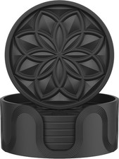 HFHOME Silicone Coasters 6pk w/Holder Black Drink Coffee Table Desk Gift picture