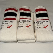 Deadstock Vtg Men’s 6 Pr Cushion TUBE SOCKS Mid Calf 10-14 Lg Striped RED BLACK picture