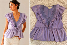 Anthropologie Maeve Purple V-Neck Peplum Blouse Smocked Flutter Sleeve Women L picture