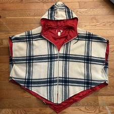 Vintage 60s Wool Plaid Poncho Cape Shawl Hooded Full Zip Jacket Small picture