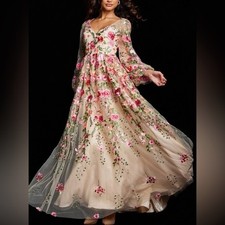 Jovani Nude Multi Floral Embroidered V-Neck Gown Size 16 $510 picture