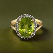 Estate 14K Yellow Gold 2.37ct Oval Peridot Diamond Halo Ring Size 5 picture