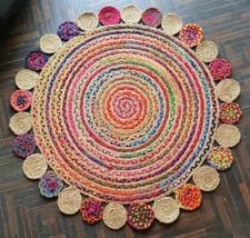 Rug Natural Jute & Cotton Round Design 100% Handmade Carpet Reversible Rug picture