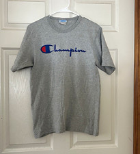VTG 90s Champion embroidered Crew Neck Short Sleeve Tee, Size M, blue woven tag picture