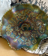 Unmarked Iridescent Carnival Glass Bowl, Good Luck Horseshoe Floral picture
