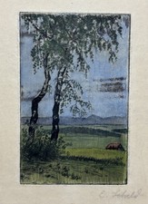 Antique Old Vintage European Woodcut Print Miniature Landscape Pencil Signed picture