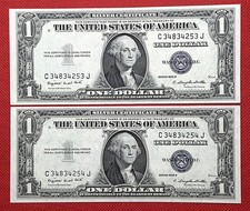 Two 1935-G $1 Dollar Silver Certificate Blue Seal Consecutive UNC no motto RARE picture