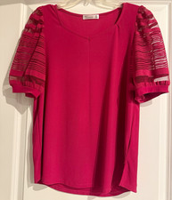 Pink Solid V-Neck Sheer Puff Short Sleeve Blouse picture