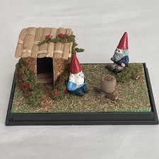 Vintage Reutter Miniature Gnomes In Outdoor Setting Shack Fire Ring 1.5” x3.25” picture