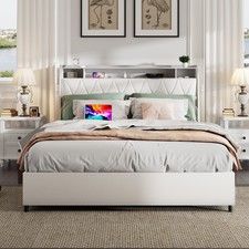 Queen Modern Upholstered Platform Bed White 43