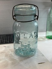 Antique Atlas E-Z Seal Quart Fruit Jar Cornflower Blue Glass Lid Wire Bail RB110 picture