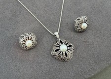 Vintage JG 925 Sterling Silver Pearl Marcasite Necklace Pendant Earrings Set picture