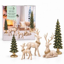 5 Pc Resin Holiday Deer Family & Trees Tabletop Christmas Decor Set Standing Sit picture