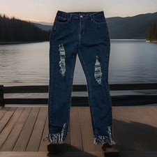 Shein Skinny Jeans  Raw Hem Distressed Holes Medium Wash Women’s Size Large picture