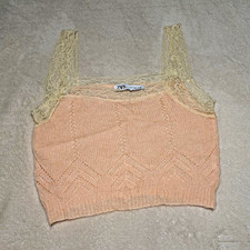 ZARA Women’s Pink/Beige Knit Lace Wide Strap Square Neck Cami Tank Top M picture