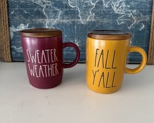 Rae Dunn Set Of 2 Mugs Sweater Weather Fall Y’All W/Wooden Lids/Coasters picture