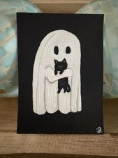 Original Ghost & Black Cat ACEO Acrylic Painting Halloween Gothic Spooky Art picture