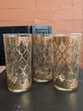 Culver Valencia Highball Glass 22K Gold Green Diamond Tumbler Set 3 Vtg Bar Art picture