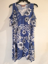 SJS Women’s Medium Blue Floral Cold Shoulder V-Neck Tunic Dress Boho Summer  picture