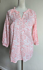 Tunic Blouse Ws Pink/White SzM Cotton Floral Split Neck Ruffle 3/4Sleeve Talbots picture