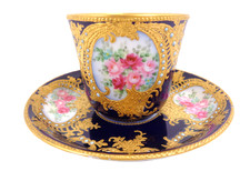 William Guerin Limoges Jeweled Antique Cobalt Cup Saucer Hand Painted Roses picture