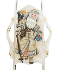 Vintage Hand Painted Wooden Sled With Old World Santa Claus Christmas Decor picture