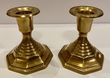 Vintage Made in India Polished Brass Candlesticks Pair Octagonal Bases 3.5