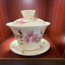 Chinese Porcelain Gaiwan Lidded Tea Cup & Saucer Floral Bird Design 10cm picture