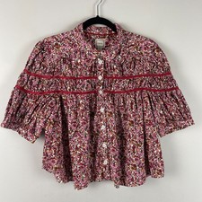 Anthropologie Maeve The Leandra Shirred Yoke Blouse Petite XL Pink Red Floral picture