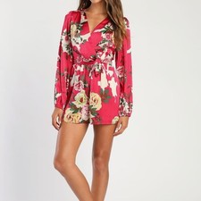 NEW Lulus XS Lovable Blossom Hot Pink Floral Print Satin Surplice Romper picture