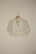 Vintage 80s Chanel Double-Breasted Pleated Cropped Linen Cream Button Blouse picture