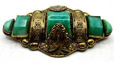 VINTAGE 1940's ART DECO Glass Stone Gold Filigree Domed Bar Pin Brooch picture