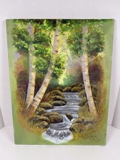 Original Oil Painting Trees Waterfall Landscape Signed On Canvas 14x18 picture